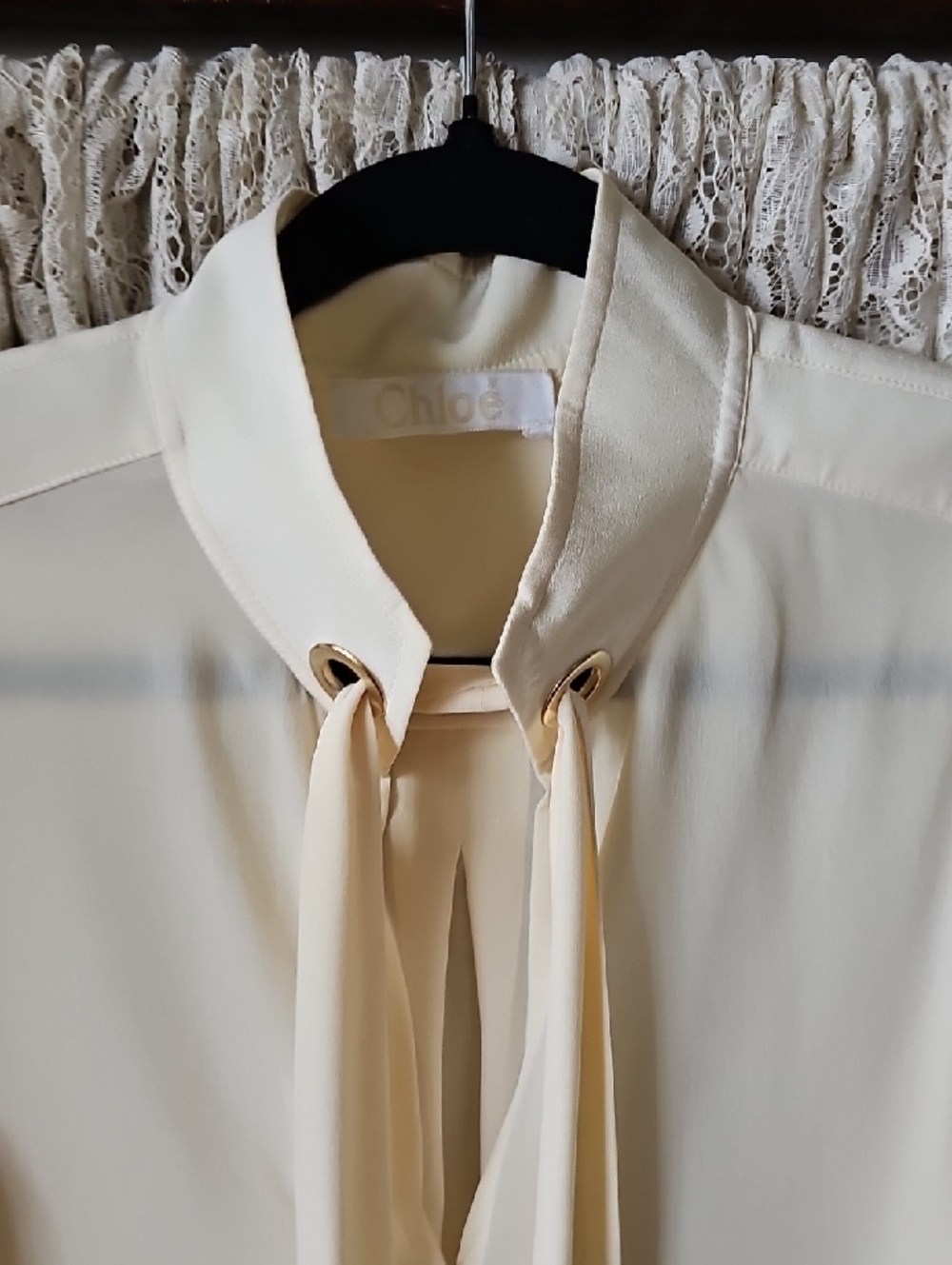 Chloe Cream Tie-Neck Blouse with Gold Eyelets